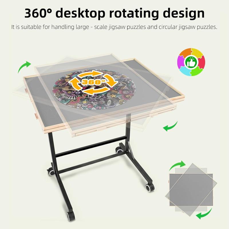 Portable Rotating Jigsaw Puzzle Board with Four Drawers and Cover