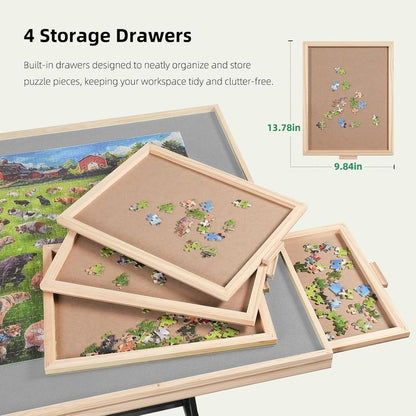 Portable Rotating Jigsaw Puzzle Board with Four Drawers and Cover